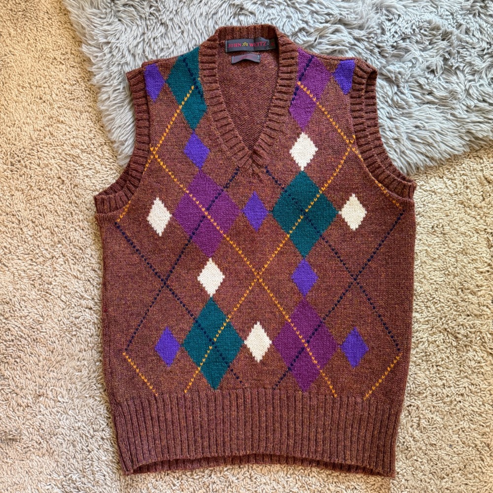 John Weitz Argyle Sweater Vest Mens Medium Brown Wool Blend Vintage Preppy Knit